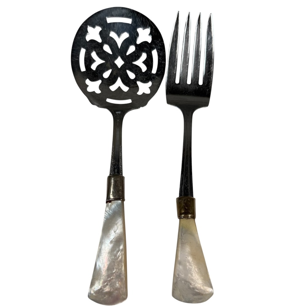 NSCO Serving Set Mother Of Pearl Handle Silver Pierced Spoon Fork Flatware VTG